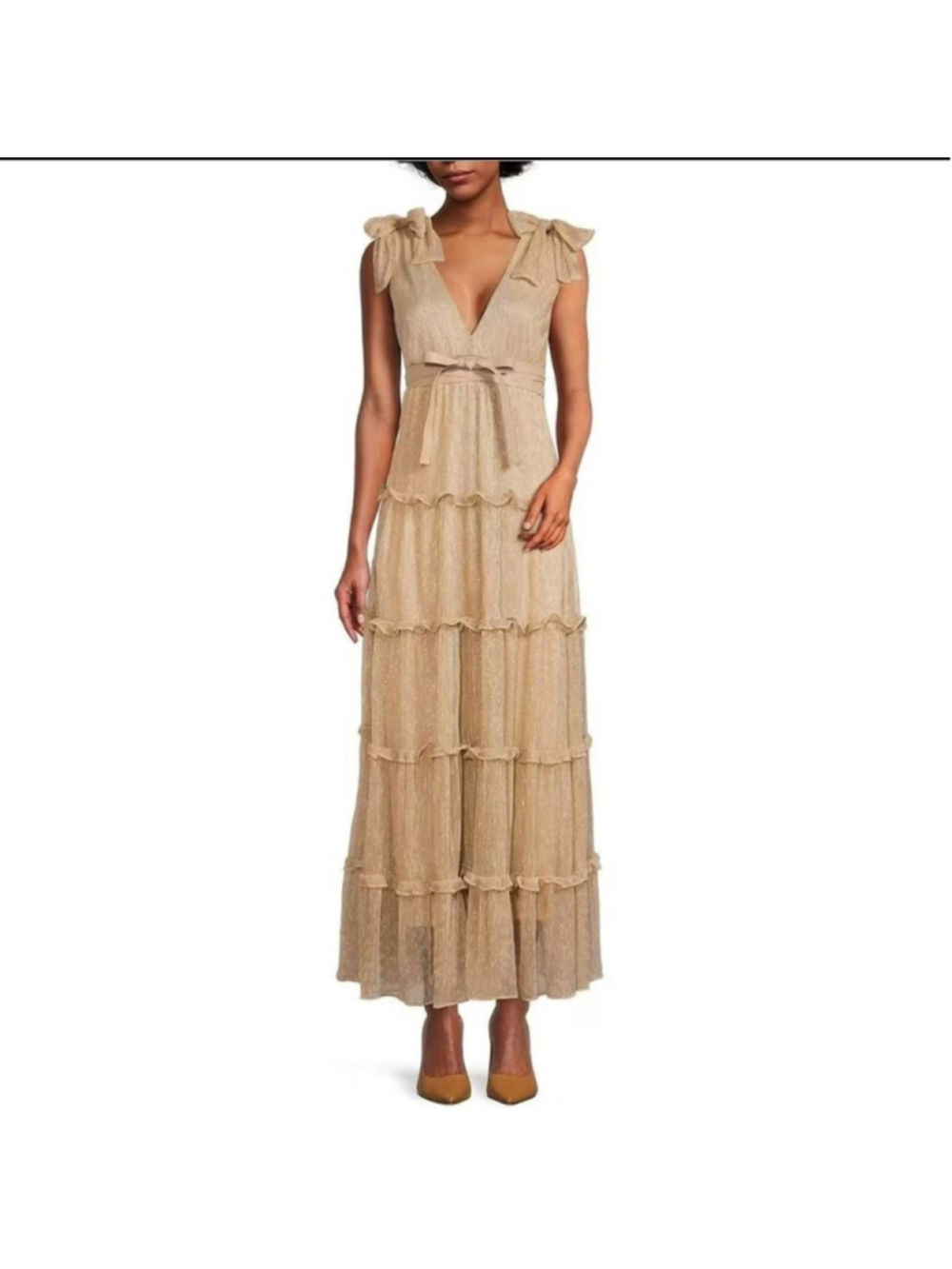A Loves A Metallic gold Crepe formal dress Sleeveless Deep V-Neck maxi womens XS